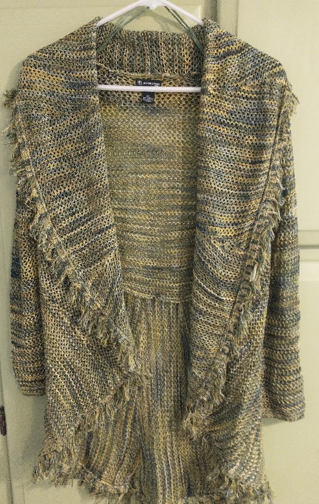 New Directions Petite Small (PS) Fringed Sweater Cardigan Gold and Green